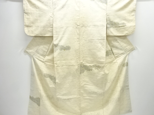 アンティーク　雲取りに花更紗模様手織り紬着物